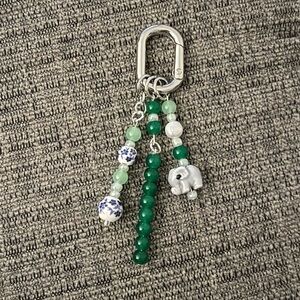 Jungle Green Elephant Bag Charm Keychain with Real Pearl Detail